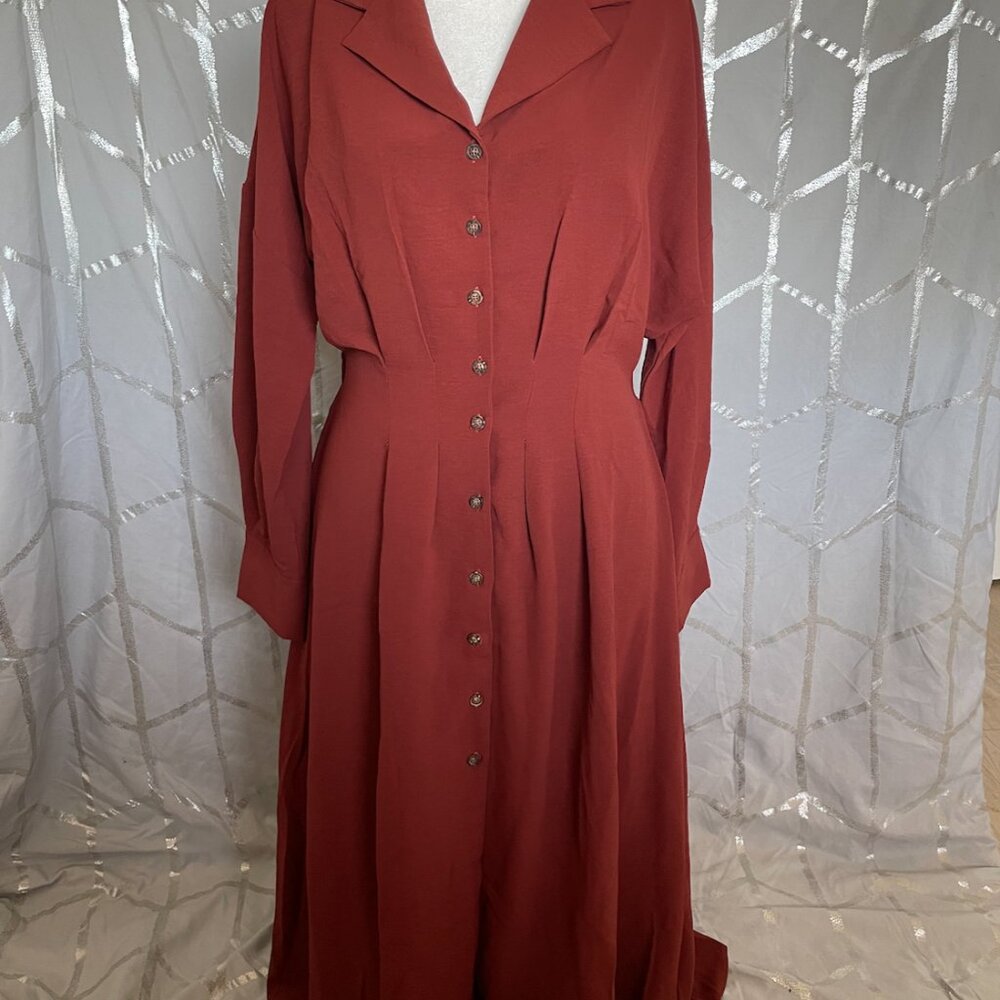 Rust Collared Button-Up Pleated Midi Dress - image 4
